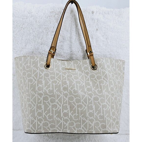 Calvin Klein Large Tan Monogram Shoulder Bag Shopper Tote with Tan Trim - Picture 5 of 16
